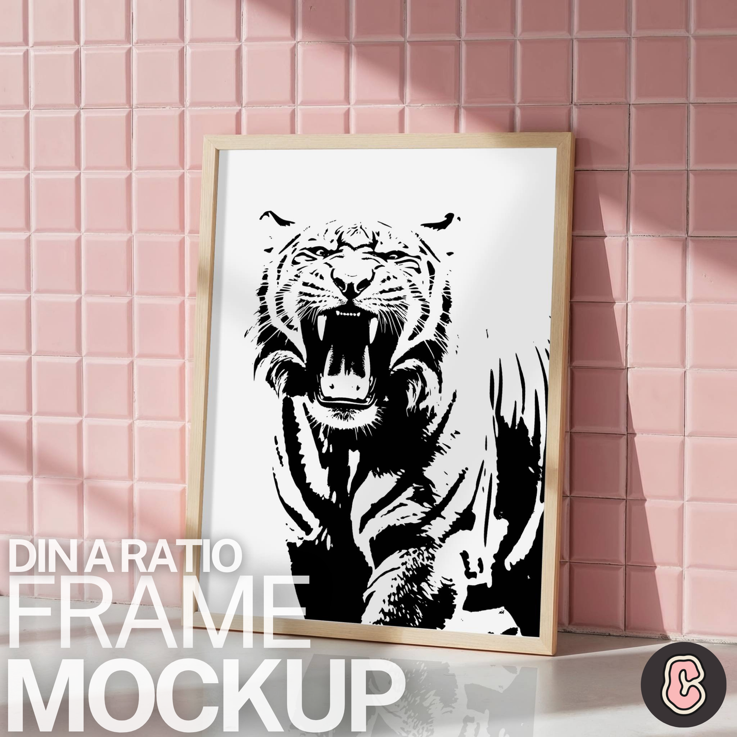 Framed Pink Tiled Wall Mock-up Template | DIN A Ratio