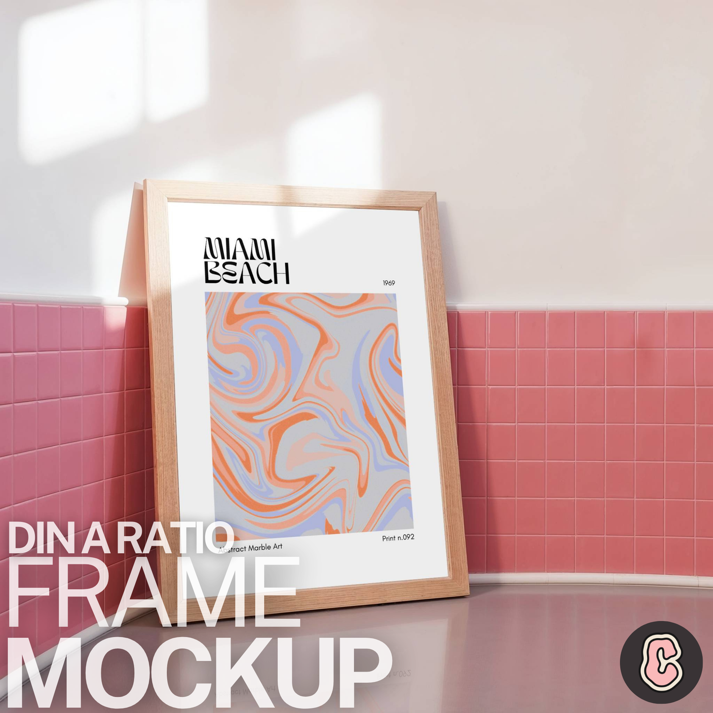 Framed Pink Tiled Wall Mock-up Template | DIN A Ratio