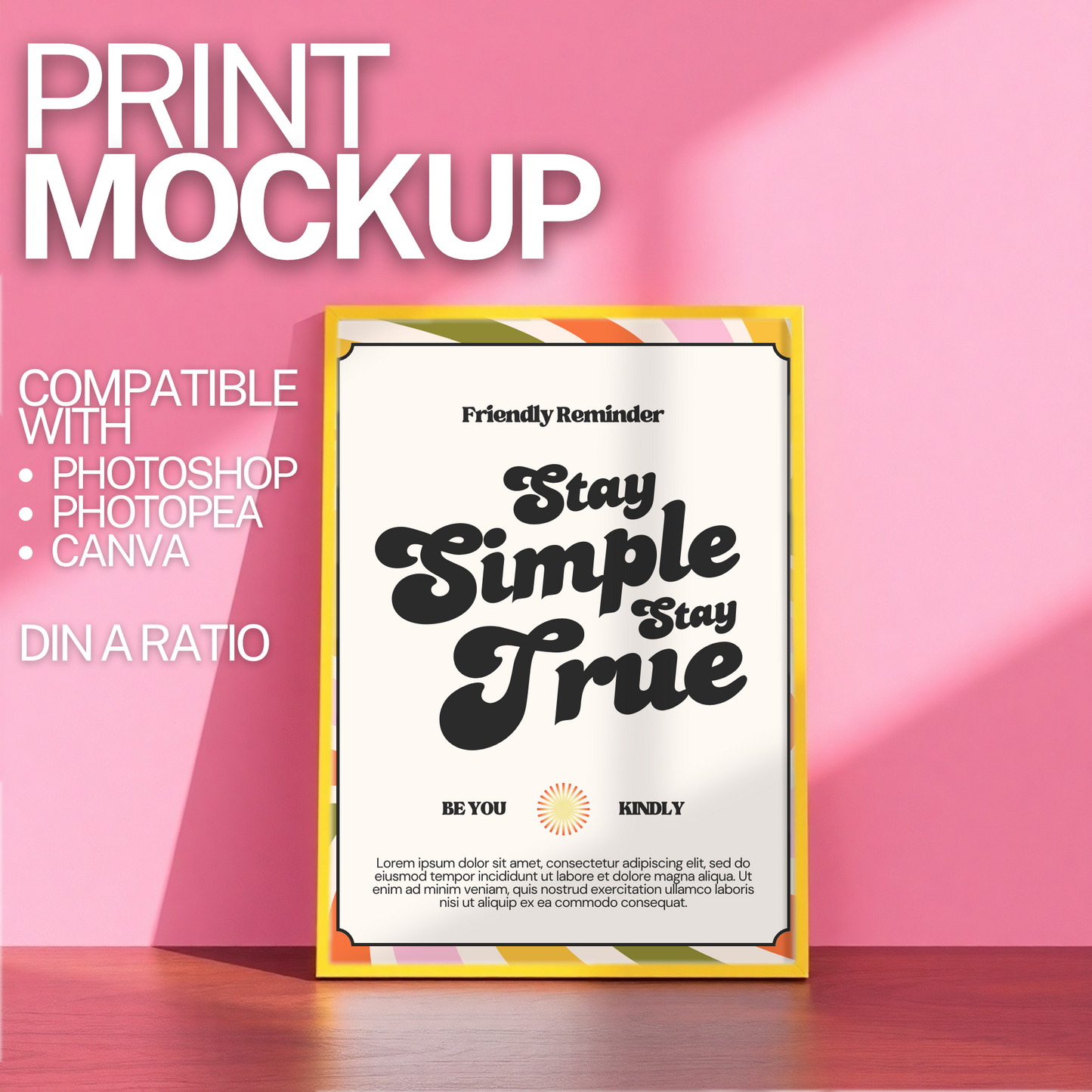 Print in a Yellow Frame in Pink Room Mockup