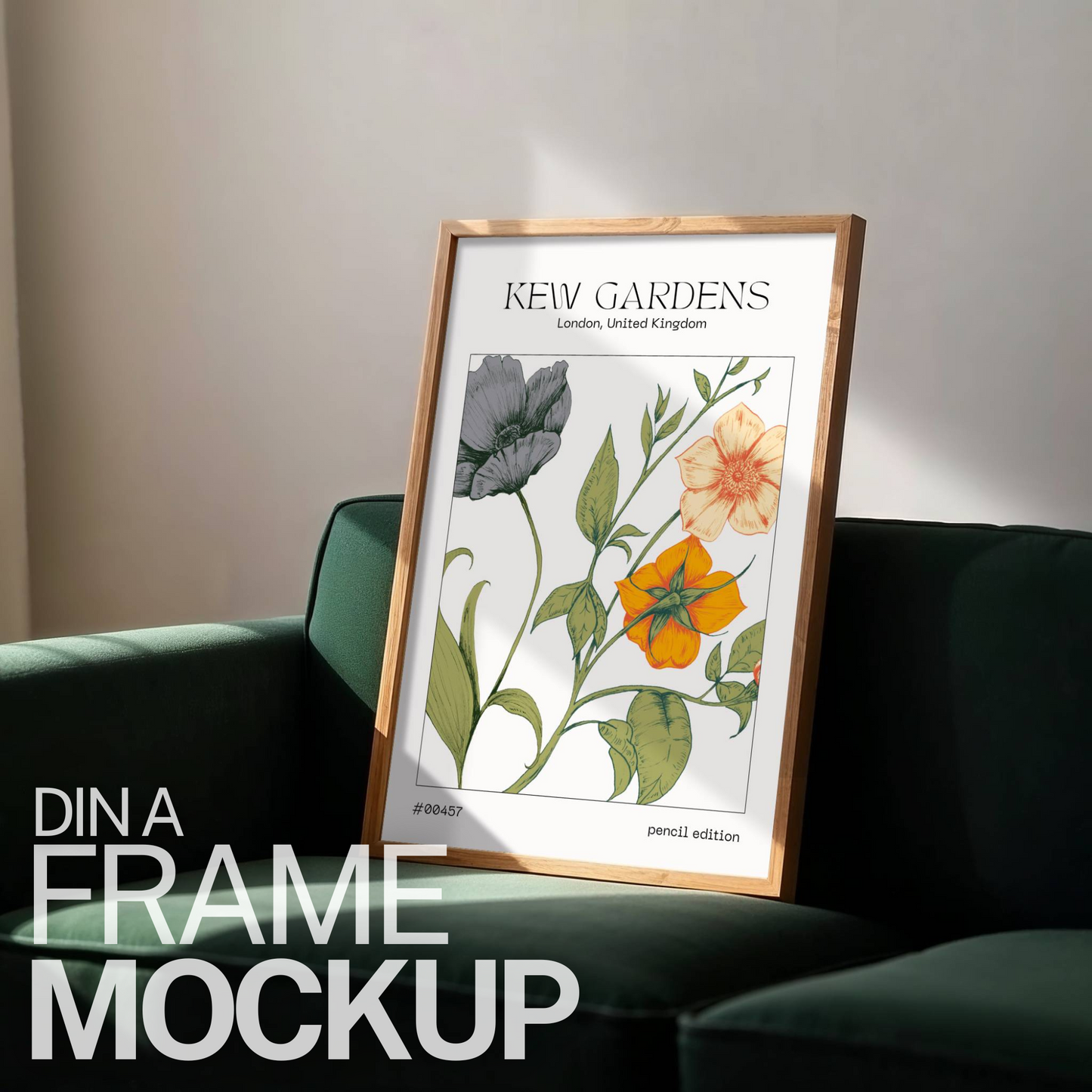 Frame on Green Couch Mock-up Template | DIN A